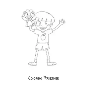 Coloring page of a boy playing with a puppet