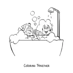 Coloring page of a boy playing in the bathtub