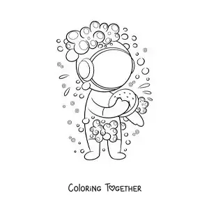 Coloring page of a cartoon astronaut taking a shower