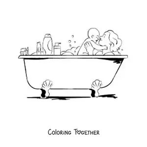 Coloring page of a mother in the bathtub with her baby