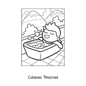 Coloring page of a cartoon of a boy taking a relaxing bath
