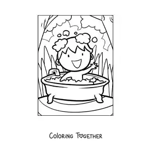 Coloring page of a cartoon of a boy bathing in a bathtub