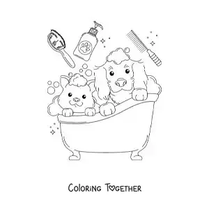 Coloring page of a cute dog and cat taking a bath