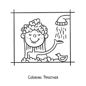Coloring page of a cartoon of a girl in the shower