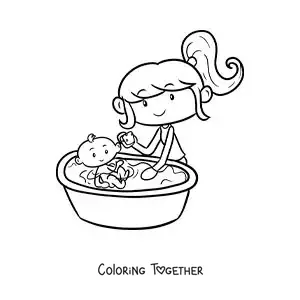 Coloring page of a girl bathing her baby sister