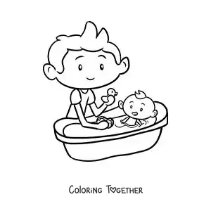 Coloring page of a boy bathing his baby brother