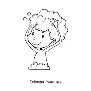 Coloring page of a boy washing his hair with shampoo