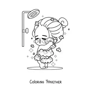 Coloring page of a kawaii girl singing while taking a shower