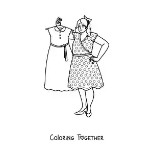 Coloring page of a cute girl with a dress on a hanger