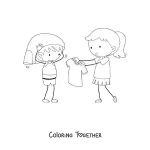 Coloring page of a girl helping her little brother get dressed