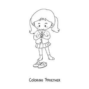 Coloring page of a girl putting on her uniform to go to school