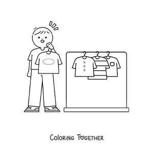 Coloring page of a boy choosing a shirt from his closet