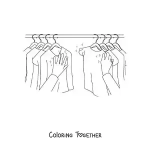 Coloring page of a person choosing a t-shirt from their closet
