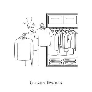 Coloring page of a man choosing a shirt from his wardrobe