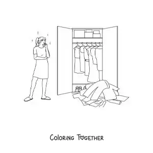 Coloring page of a girl choosing what to wear from her closet