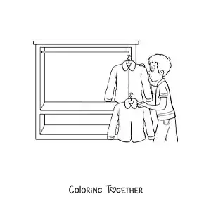 Coloring page of a boy pulling shirts out of his closet