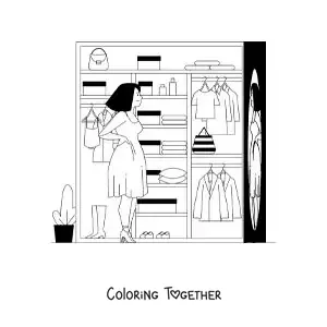Coloring page of a girl choosing her outfit to go out