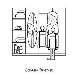Coloring page of a cartoon of a woman choosing her outfit from the closet