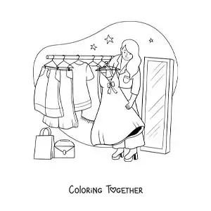 Coloring page of a girl choosing a dress and a bag from her closet
