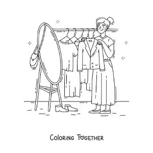 Coloring page of a girl trying on a coat in front of the mirror