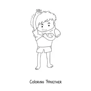 Coloring page of a boy putting on his uniform shirt