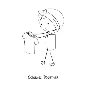 Coloring page of a girl wrapped in towels holding a shirt on a hanger