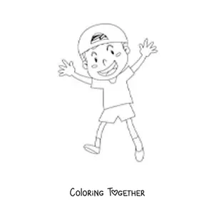 Coloring page of a boy jumping happily