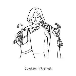Coloring page of a woman holding several hangers with dresses from her closet