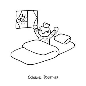 Coloring page of a boy waking up in his bedroom in the morning