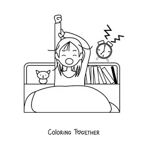 Coloring page of a girl waking up in her bedroom with an alarm clock
