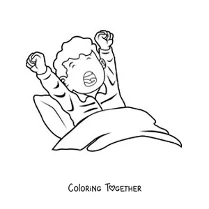 Coloring page of a boy yawning in bed as he wakes up