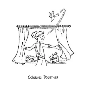 Coloring page of a girl opening the window in the morning