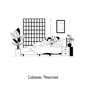Coloring page of a girl waking up next to her parents in the morning