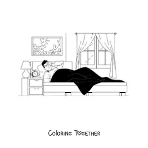 Coloring page of a boy waking up in his bedroom with an alarm clock