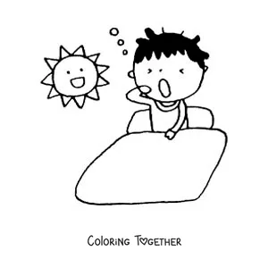 Coloring page of a cartoon of a boy yawning in the morning