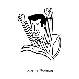 Coloring page of a cartoon of a man waking up in the morning