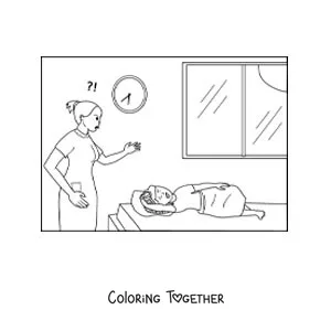 Coloring page of an angry mother waking her son up early