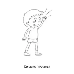 Coloring page of a cheerful boy celebrating with his fist raised