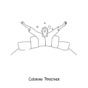 Coloring page of a boy stretching in bed as he wakes up