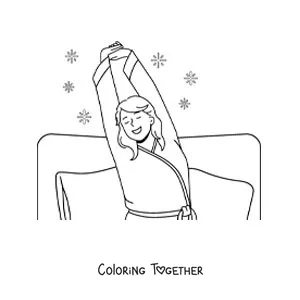 Coloring page of a girl stretching in bed as she wakes up