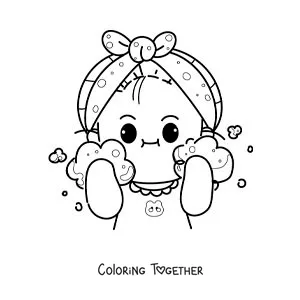 Coloring page of a kawaii girl washing her face when she wakes up in the morning
