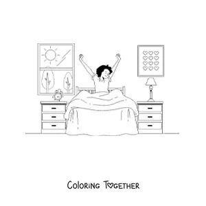 Coloring page of a boy waking up in his bedroom with an alarm clock