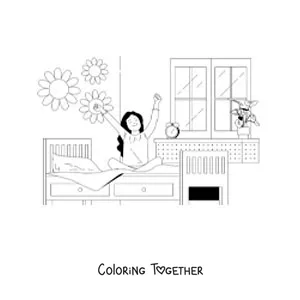 Coloring page of a girl getting out of bed in her bedroom with an alarm clock