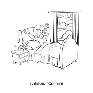 Coloring page of a cartoon girl waking up in her bedroom with an alarm clock