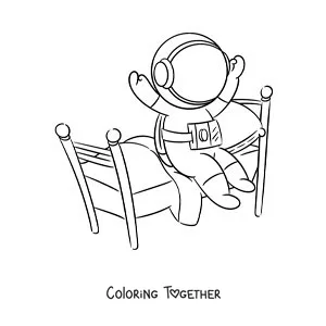 Coloring page of a cartoon astronaut getting out of bed