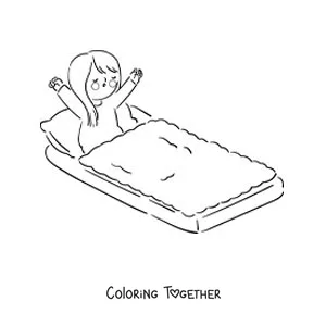 Coloring page of a kawaii girl waking up in her bed