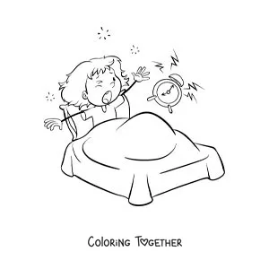 Coloring page of a cartoon girl waking up in her bed with an alarm clock
