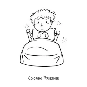 Coloring page of a cartoon boy waking up in his bed