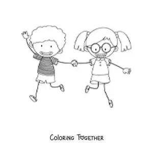 Coloring page of a boy and a girl running while holding hands