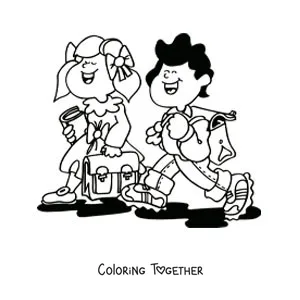 Coloring page of a cartoon of two kids on their way to school